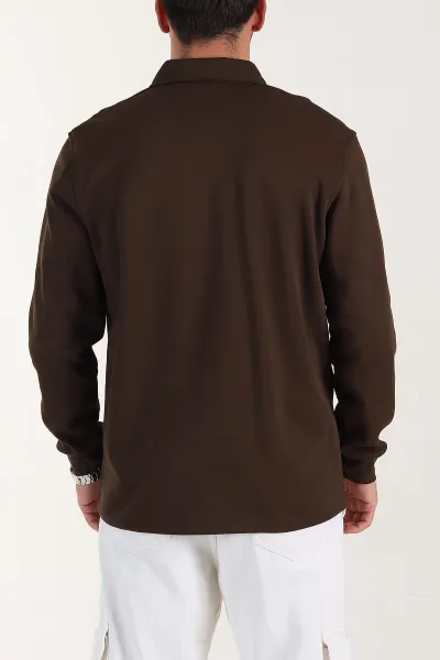 Kahverengi Relaxed Fit Pike Dokulu Düğmeli Polo Yaka Erkek Sweatshirt 400880