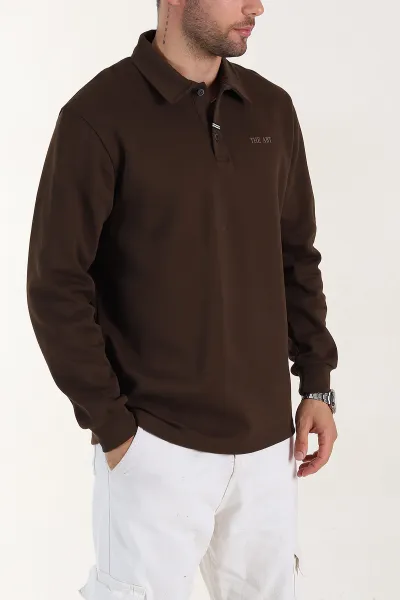 kahverengi-relaxed-fit-pike-dokulu-dugmeli-polo-yaka-erkek-sweatshirt-400880