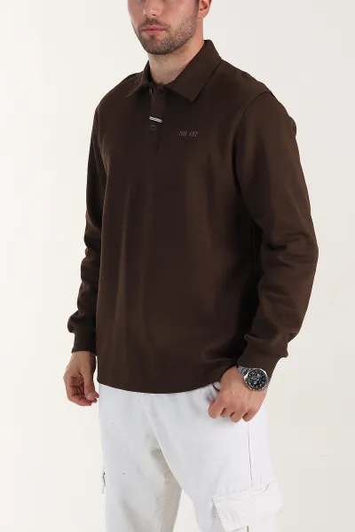 Kahverengi Relaxed Fit Pike Dokulu Düğmeli Polo Yaka Erkek Sweatshirt 400880