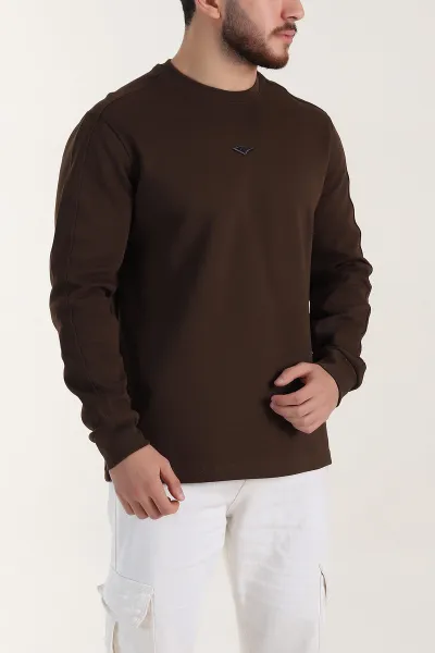 Kahverengi Relaxed Fit Pike Dokulu Nakış Detaylı Erkek Sweatshirt 400895