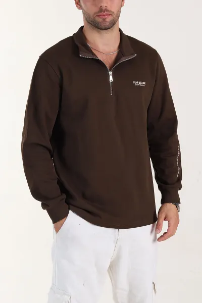 Kahverengi Relaxed Fit Pike Dokulu Yarım Fermuarlı Erkek Sweatshirt 400875