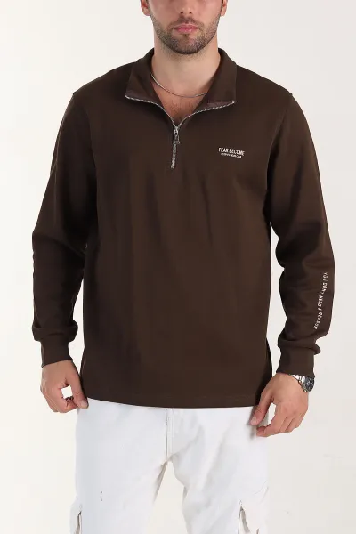 kahverengi-relaxed-fit-pike-dokulu-yarim-fermuarli-erkek-sweatshirt-400875