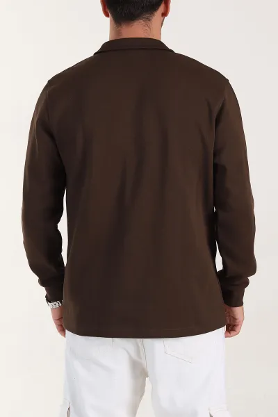 Kahverengi Relaxed Fit Pike Dokulu Yarım Fermuarlı Erkek Sweatshirt 400875