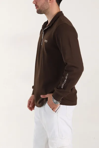 Kahverengi Relaxed Fit Pike Dokulu Yarım Fermuarlı Erkek Sweatshirt 400875