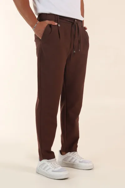 Kahverengi Relaxed Fit Pile Detaylı Bel Arkası Lastikli Erkek Pantolon 380903