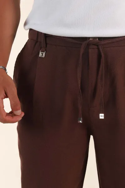 Kahverengi Relaxed Fit Pile Detaylı Bel Arkası Lastikli Erkek Pantolon 380903