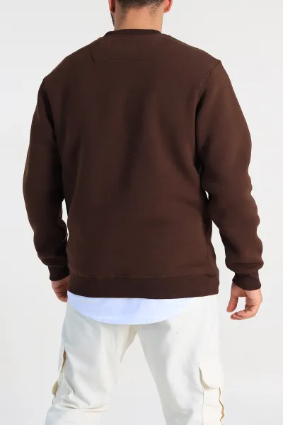 Kahverengi Relaxed Fit Üç İp Şardonlu Baskılı Erkek Sweatshirt 309655