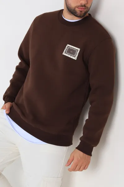 Kahverengi Relaxed Fit Üç İp Şardonlu Baskılı Erkek Sweatshirt 309655