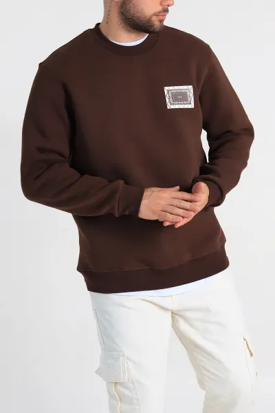 Kahverengi Relaxed Fit Üç İp Şardonlu Baskılı Erkek Sweatshirt 309655