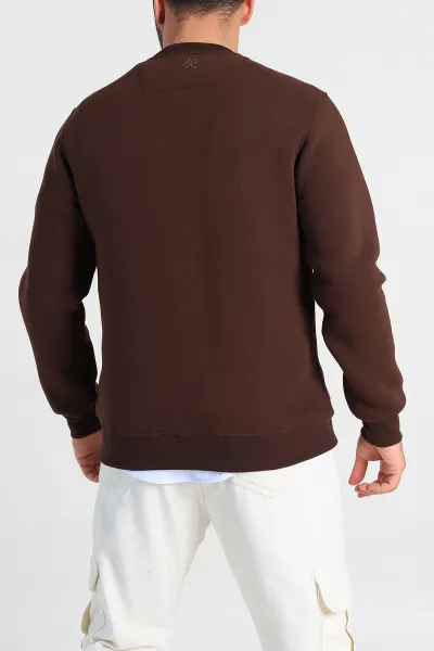 Kahverengi Relaxed Fit Üç İp Şardonlu Kabartma Detaylı Erkek Sweatshirt 309879