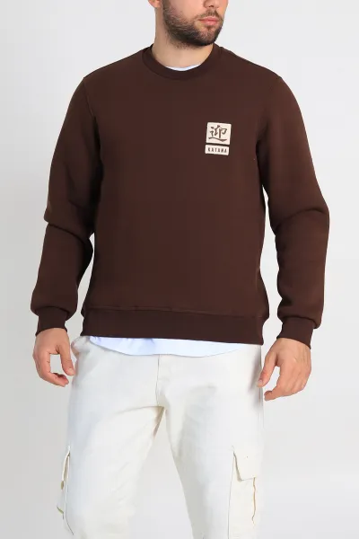 Kahverengi Relaxed Fit Üç İp Şardonlu Kabartma Detaylı Erkek Sweatshirt 309879