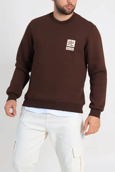 Kahverengi Relaxed Fit Üç İp Şardonlu Kabartma Detaylı Erkek Sweatshirt 309879
