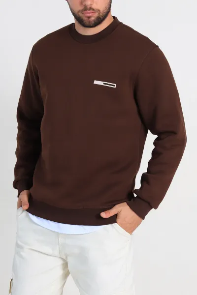 Kahverengi Relaxed Fit Üç İp Şardonlu Kabartma Detaylı Erkek Sweatshirt 309903