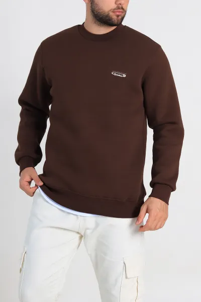 Kahverengi Relaxed Fit Üç İp Şardonlu Kabartma Yazı Detay Erkek Sweatshirt 310409