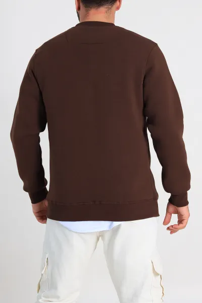 Kahverengi Relaxed Fit Üç İp Şardonlu Kabartma Yazı Detay Erkek Sweatshirt 310409