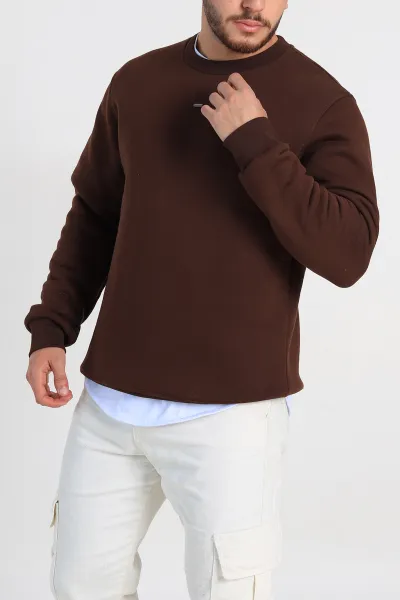 Kahverengi Relaxed Fit Üç İp Şardonlu Kol Detaylı Erkek Sweatshirt 309955