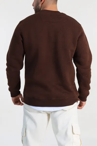 Kahverengi Relaxed Fit Üç İp Şardonlu Kol Detaylı Erkek Sweatshirt 309955
