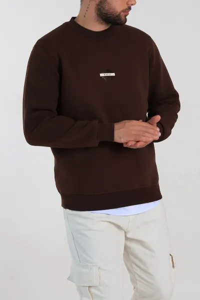 Kahverengi Relaxed Fit Üç İp Şardonlu Logo Detaylı Erkek Sweatshirt 309857