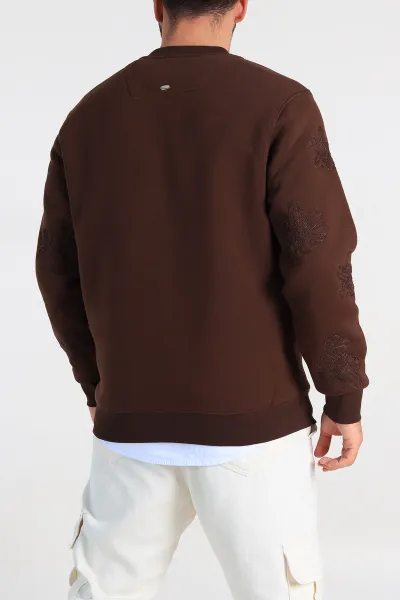 Kahverengi Relaxed Fit Üç İp Şardonlu Nakış Detaylı Erkek Sweatshirt 311185