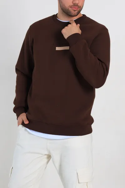Kahverengi Relaxed Fit Üç İp Şardonlu Yazı Detaylı Erkek Sweatshirt 310487