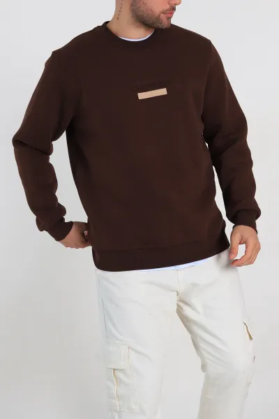 Kahverengi Relaxed Fit Üç İp Şardonlu Yazı Detaylı Erkek Sweatshirt 310487