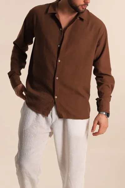 Kahverengi Relaxed Fit Uzun Kollu Keten Erkek Gömlek 275526