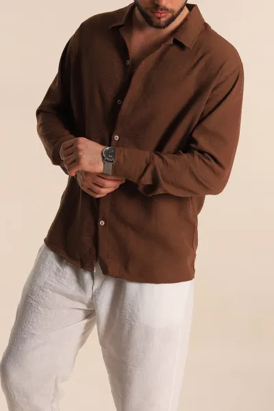Kahverengi Relaxed Fit Uzun Kollu Keten Erkek Gömlek 275526