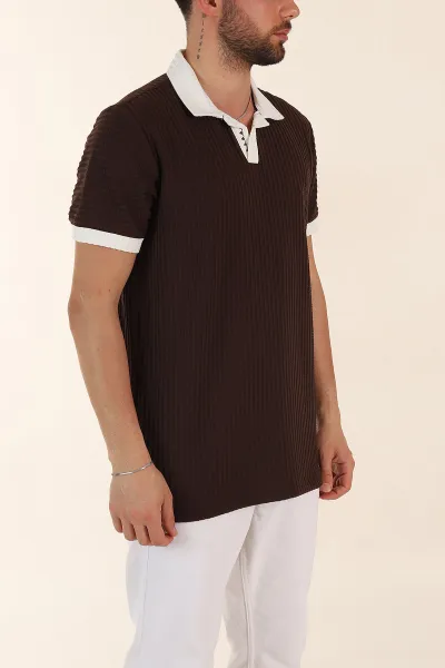 Kahverengi Relaxed Fit Waffle Dokulu Polo Yaka Erkek Tişört 370346