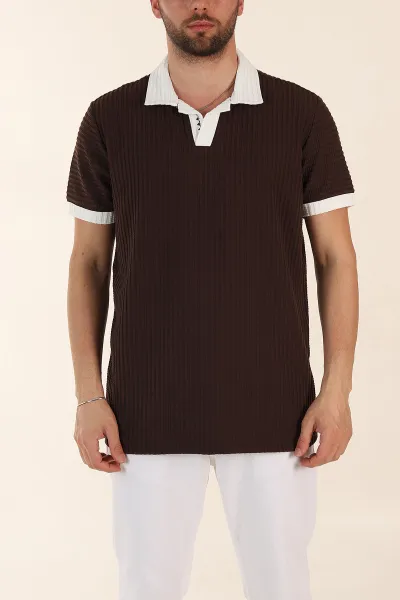 Kahverengi Relaxed Fit Waffle Dokulu Polo Yaka Erkek Tişört 370346