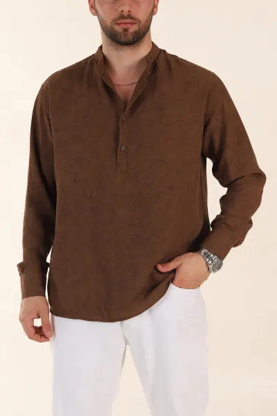 kahverengi-relaxed-fit-yarim-dugmeli-hakim-yaka-uzun-kollu-erkek-gomlek-369365