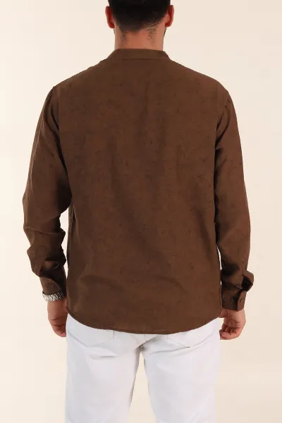 Kahverengi Relaxed Fit Yarım Düğmeli Hakim Yaka Uzun Kollu Erkek Gömlek 369365