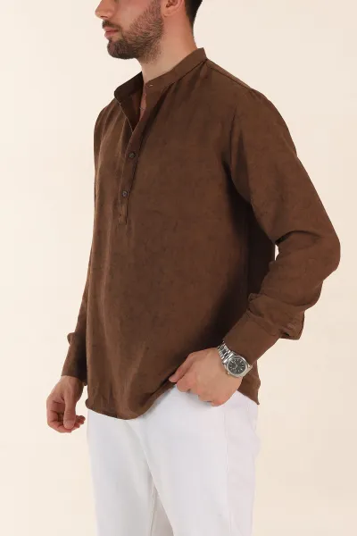 Kahverengi Relaxed Fit Yarım Düğmeli Hakim Yaka Uzun Kollu Erkek Gömlek 369365