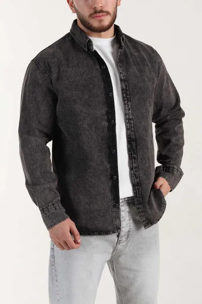 Kahverengi Relaxed Fit Yıkamalı Erkek Kot Gömlek 399956