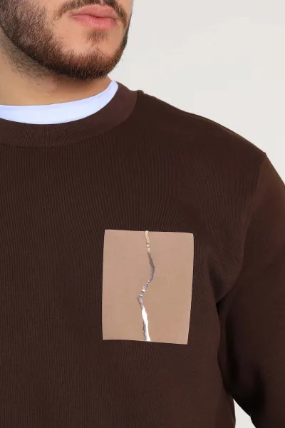 Kahverengi Relaxed Üç İp Şardonlu Baskı Detaylı Erkek Sweatshirt 311192