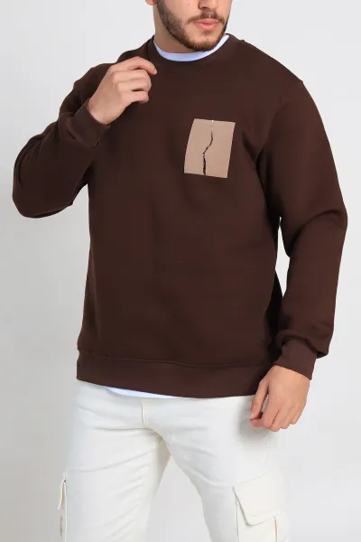 Kahverengi Relaxed Üç İp Şardonlu Baskı Detaylı Erkek Sweatshirt 311192