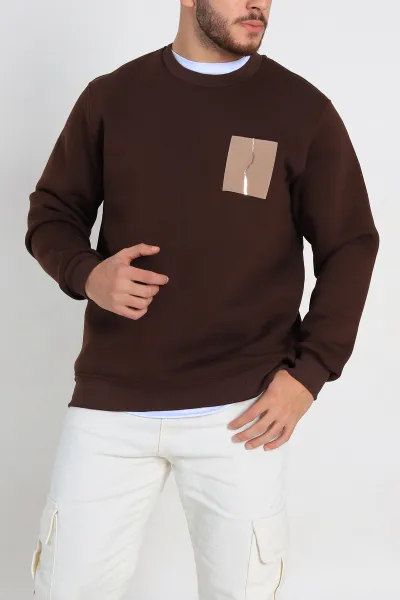 Kahverengi Relaxed Üç İp Şardonlu Baskı Detaylı Erkek Sweatshirt 311192