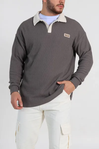 kahverengi-releaxed-fit-petek-dokulu-polo-yaka-erkek-sweatshirt-315815
