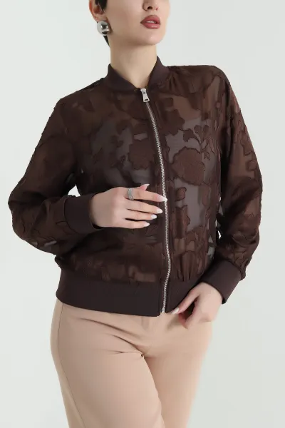 Kahverengi Ribanalı Şifon Empirme Bomber 444090