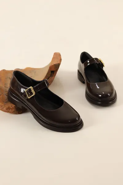 Kahverengi Rugan Mary Jane Kemer Detaylı Kadın Loafer Ayakkabı 337199