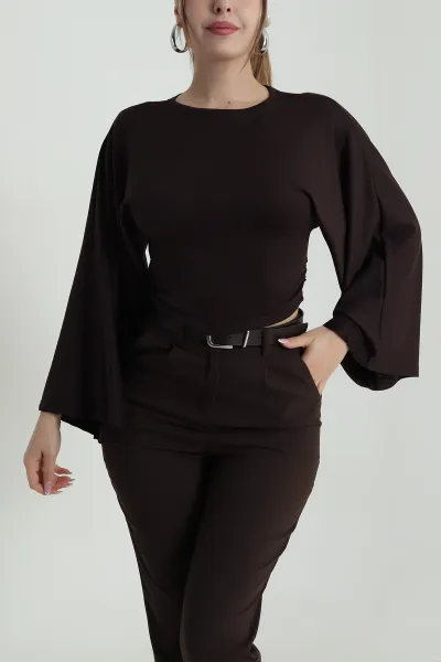 Kahverengi Salaş Kol Kadın Triko Bluz 486324