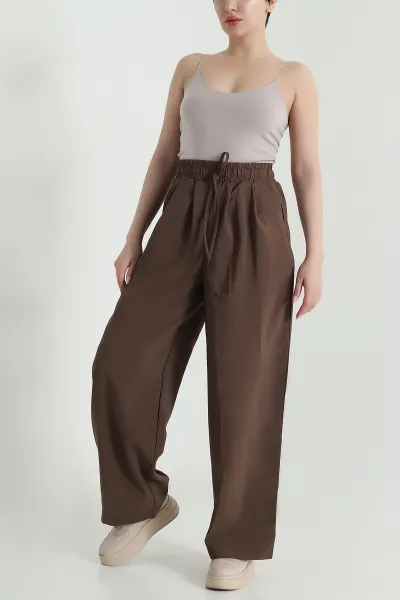 Kahverengi Salaş Pileli Cepli Tencel Kadın Pantolon 462052