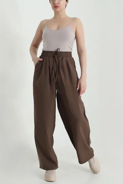Kahverengi Salaş Pileli Cepli Tencel Kadın Pantolon 462052