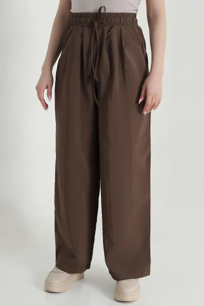 Kahverengi Salaş Pileli Cepli Tencel Kadın Pantolon 462052