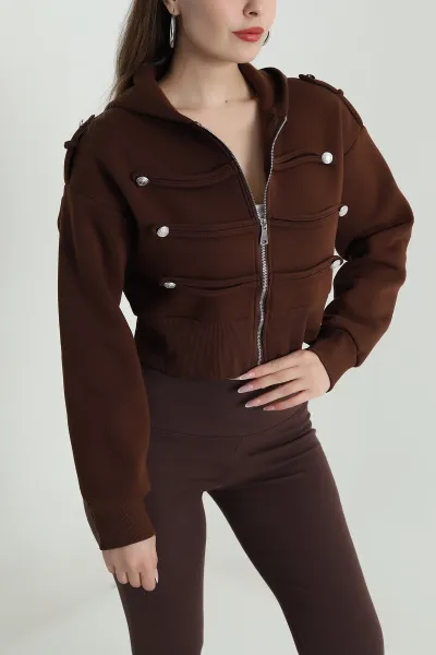 Kahverengi Şardonlu Apoletli Düğme Detay Sweat 489480
