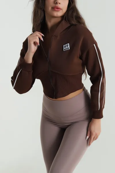 Kahverengi Şardonlu Crop Kadın Sweat 489186