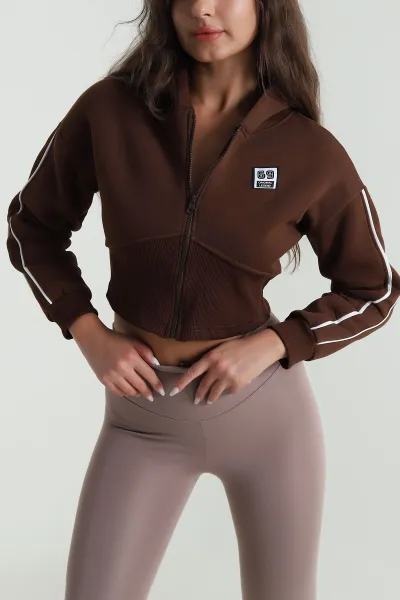 Kahverengi Şardonlu Crop Kadın Sweat 489186