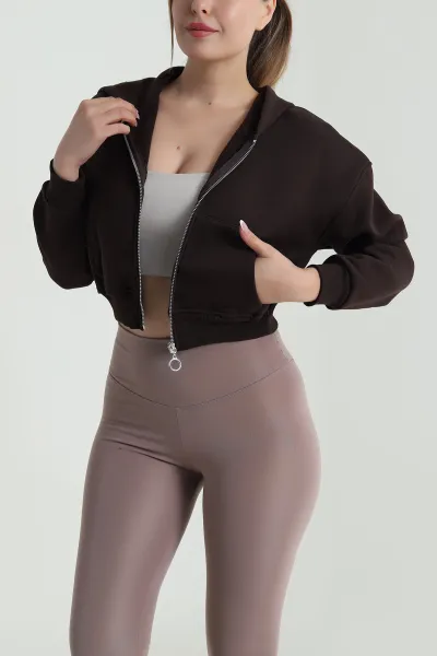 Kahverengi Şardonlu Fermuarlı Üç İp Kadın Sweat 485056