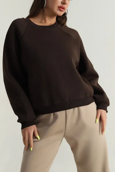 Kahverengi Şardonlu Kadın Fermuarsız Sweat 392391