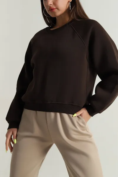 Kahverengi Şardonlu Kadın Fermuarsız Sweat 392391