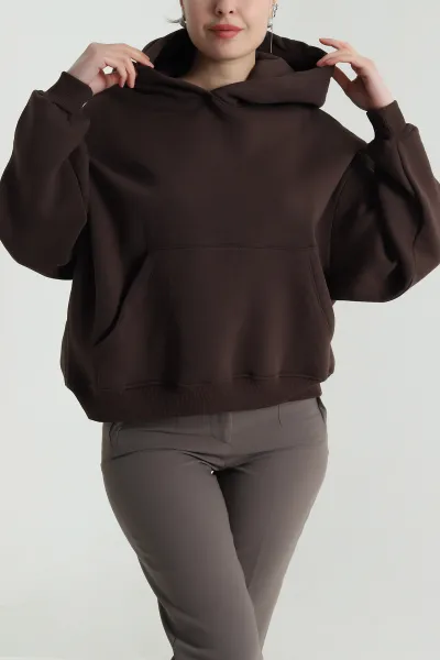 Kahverengi Şardonlu Kapşonlu Oversize Üç İp Kadın Sweat 493828